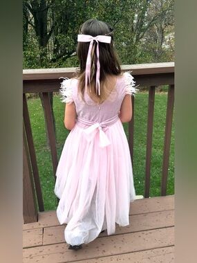 Lola + The Boys Pink Feather Sleeve Tulle Hi-Lo Dress